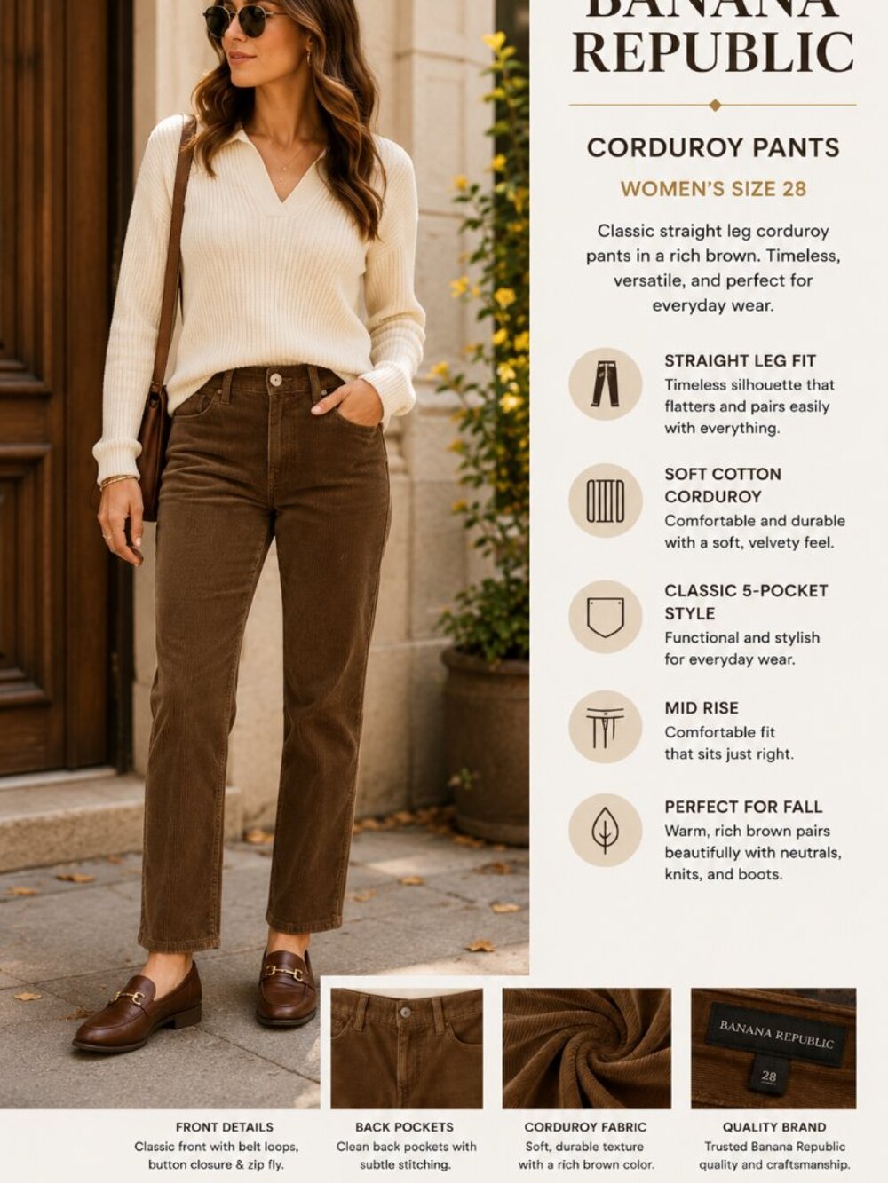 Banana Republic Corduroy Pants Womens 28 Brown Straight Leg Mid Rise 5 Pocket - Picture 3 of 12